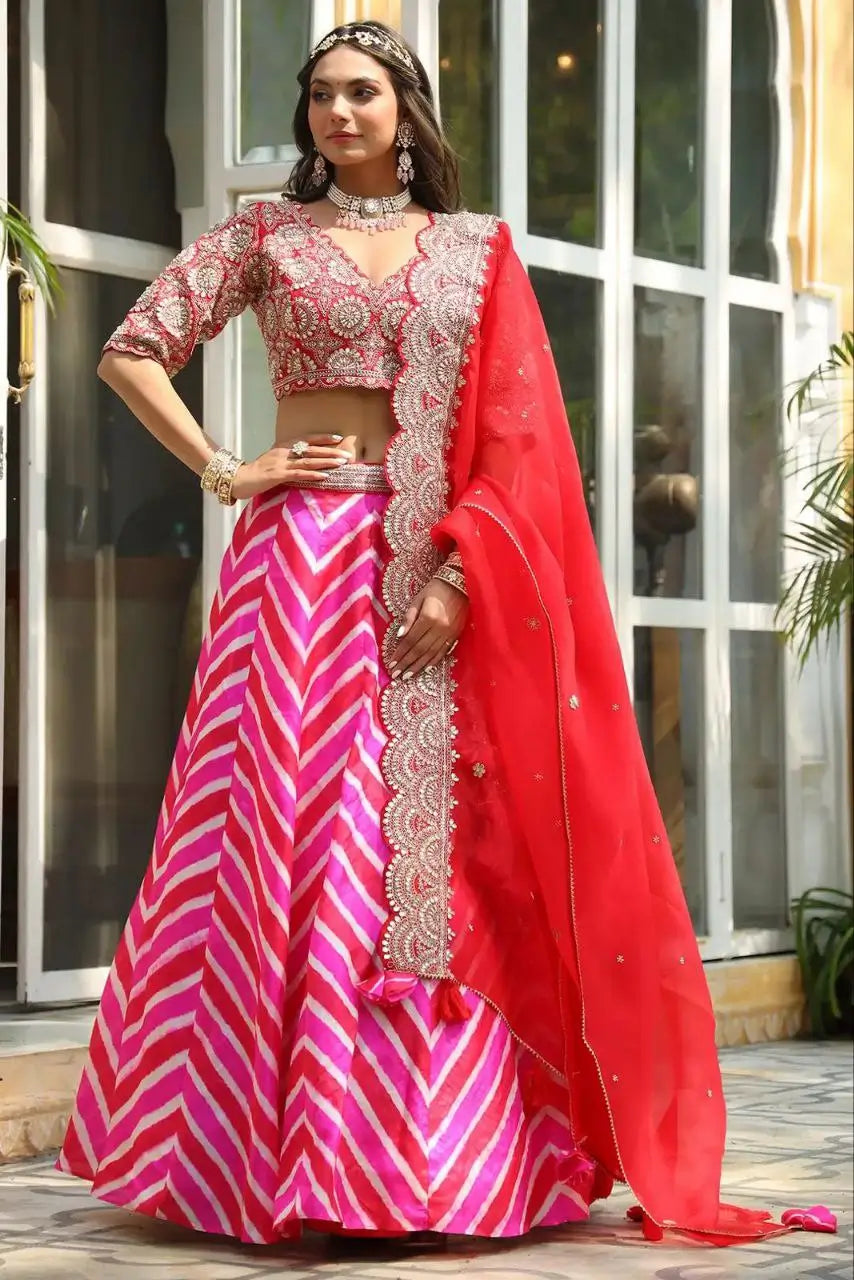 Multi Color Laheriya Print Lehenga With Coding & foil Work And Red Dupatta