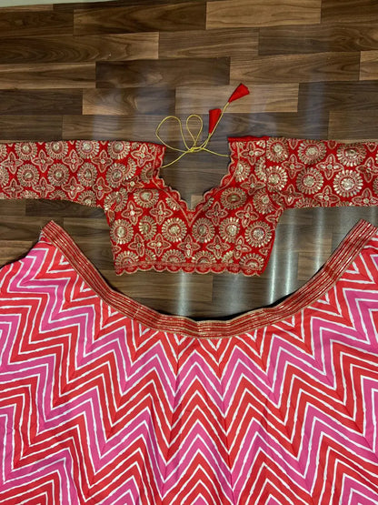 Multi Color Laheriya Print Lehenga With Coding & foil Work And Red Dupatta
