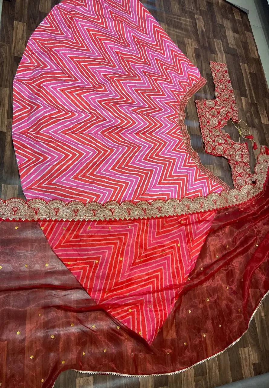 Multi Color Laheriya Print Lehenga With Coding & foil Work And Red Dupatta