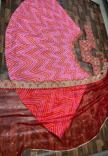 Multi Color Laheriya Print Lehenga With Coding & foil Work And Red Dupatta
