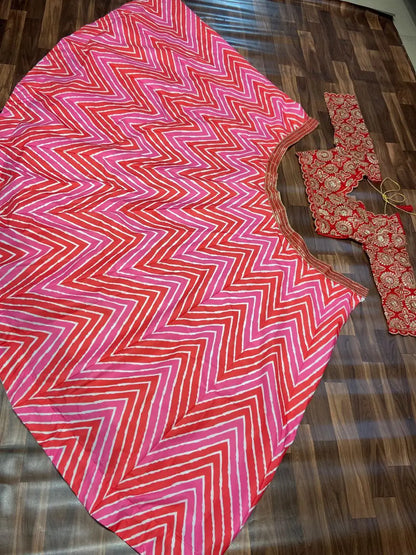 Multi Color Laheriya Print Lehenga With Coding & foil Work And Red Dupatta