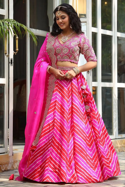 Multi Color Laheriya Print Lehenga With Coding & foil Work And Pink Dupatta