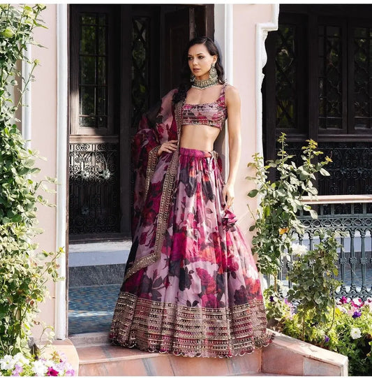 Soft Pink Floral Print With Zari Sequins Work Party Wear Lehenga