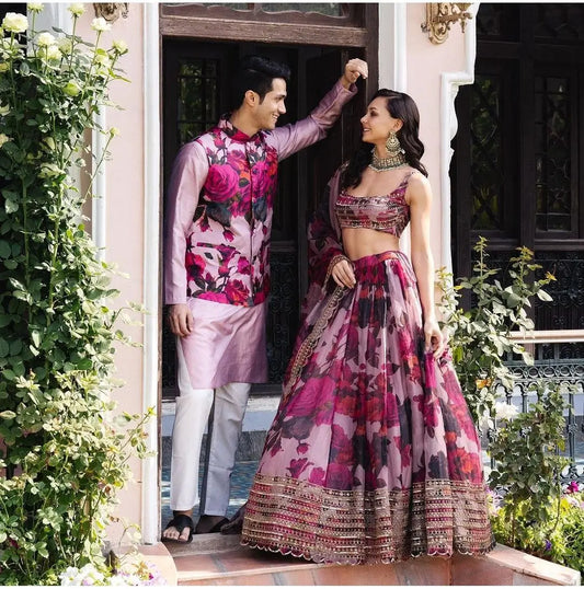 Soft Pink Floral Print With Zari Sequins Work Party Wear Lehenga
