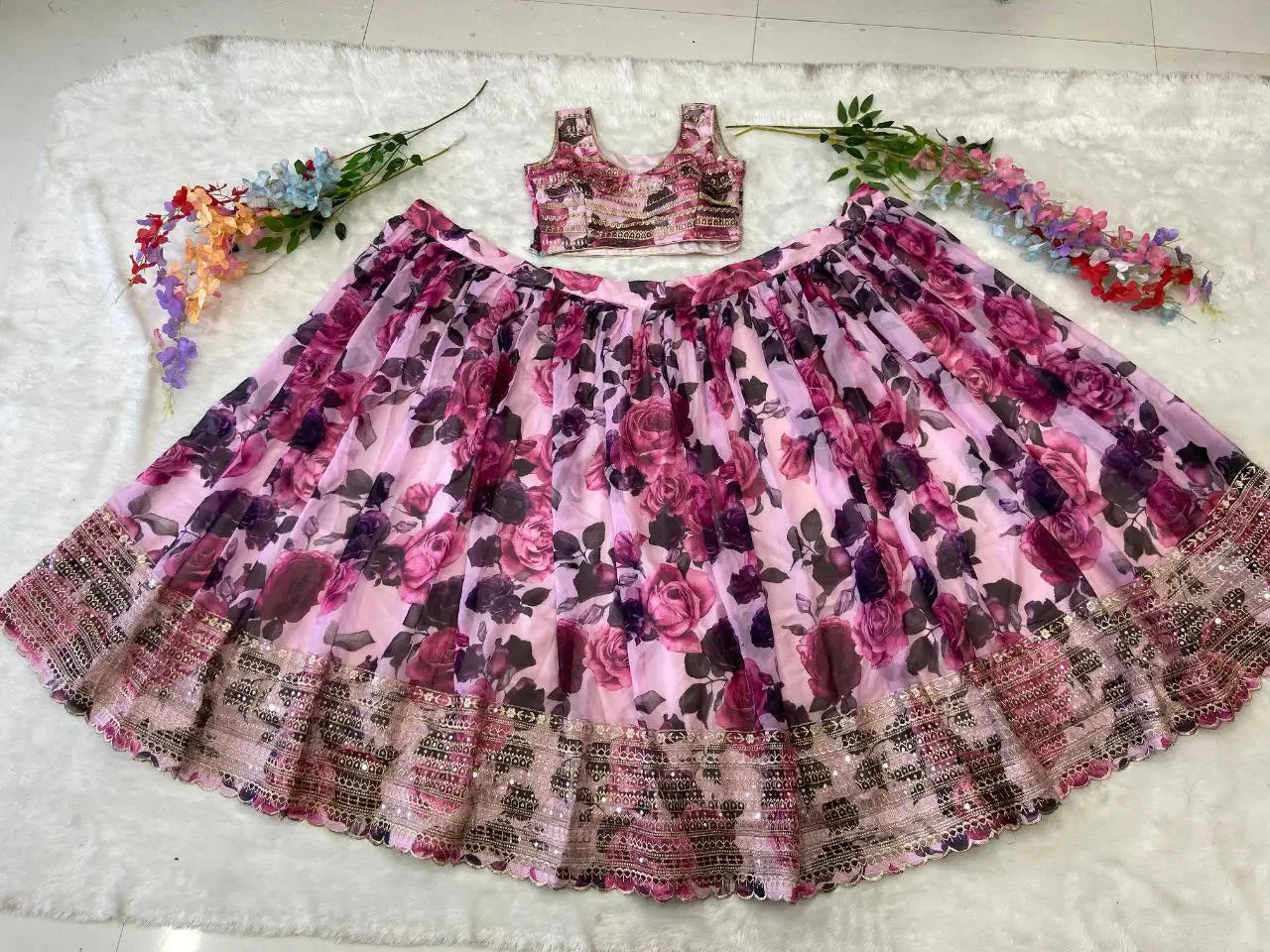 Soft Pink Floral Print With Zari Sequins Work Party Wear Lehenga