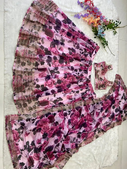 Soft Pink Floral Print With Zari Sequins Work Party Wear Lehenga