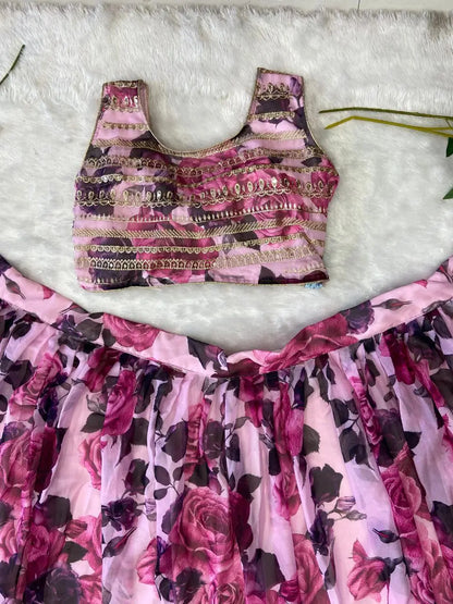Soft Pink Floral Print With Zari Sequins Work Party Wear Lehenga