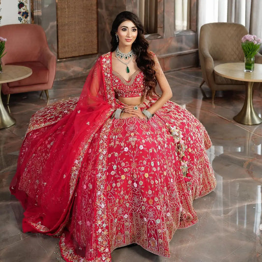 Pinkish Red Satin Lehenga With Multi Thread  Heavy Sequins Embroidery Work
