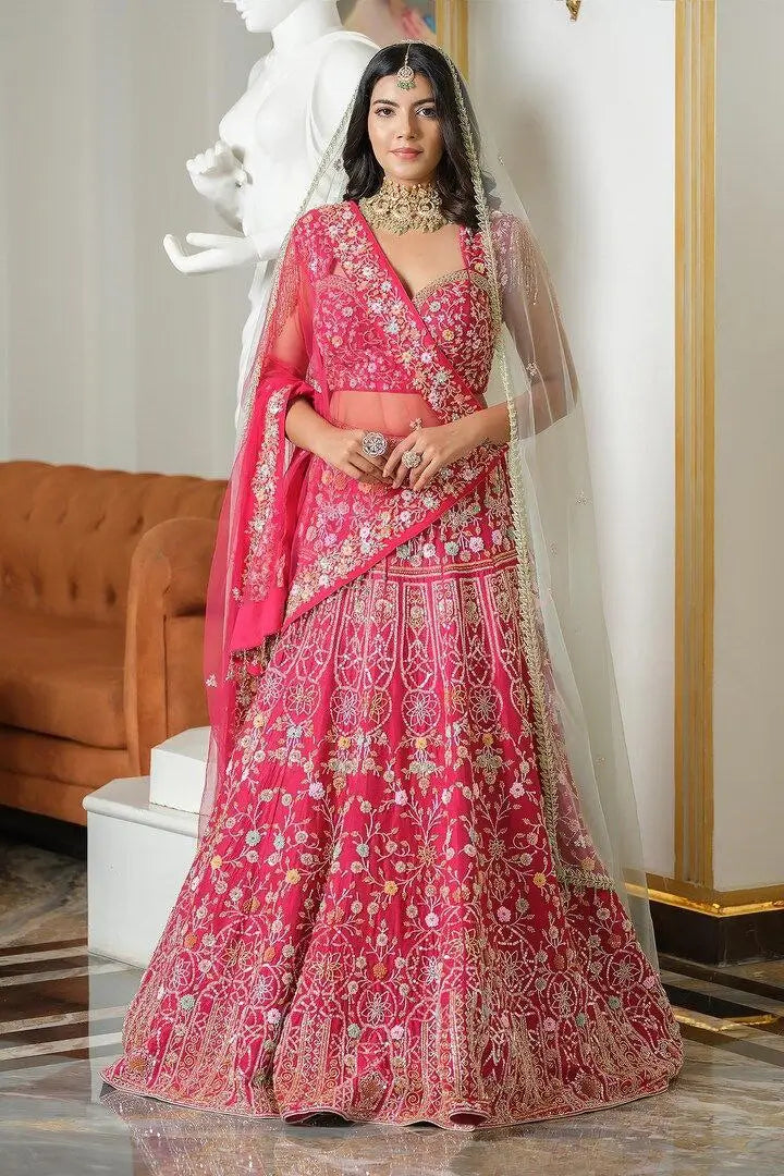Pinkish Red Satin Lehenga With Multi Thread  Heavy Sequins Embroidery Work