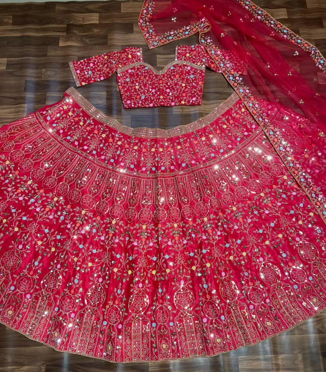 Pinkish Red Satin Lehenga With Multi Thread  Heavy Sequins Embroidery Work