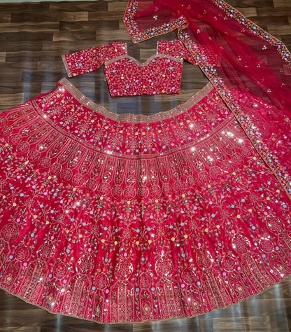 Pinkish Red Satin Lehenga With Multi Thread  Heavy Sequins Embroidery Work