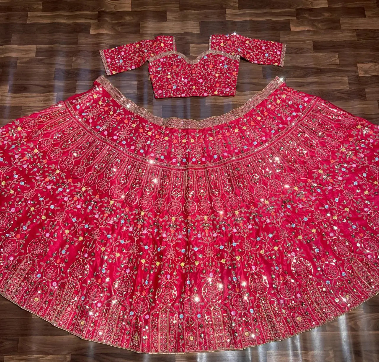 Pinkish Red Satin Lehenga With Multi Thread  Heavy Sequins Embroidery Work