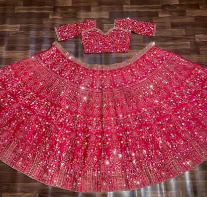 Pinkish Red Satin Lehenga With Multi Thread  Heavy Sequins Embroidery Work