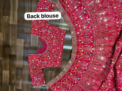 Pinkish Red Satin Lehenga With Multi Thread  Heavy Sequins Embroidery Work