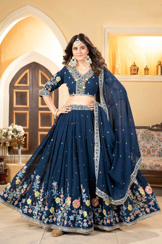 Nile Blue Georgette Lehenga With Multi Color Thread Embroidery Coding And Sequins Work