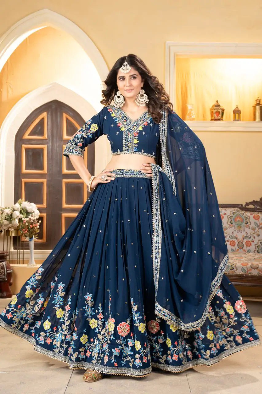 Nile Blue Georgette Lehenga With Multi Color Thread Embroidery Coding And Sequins Work