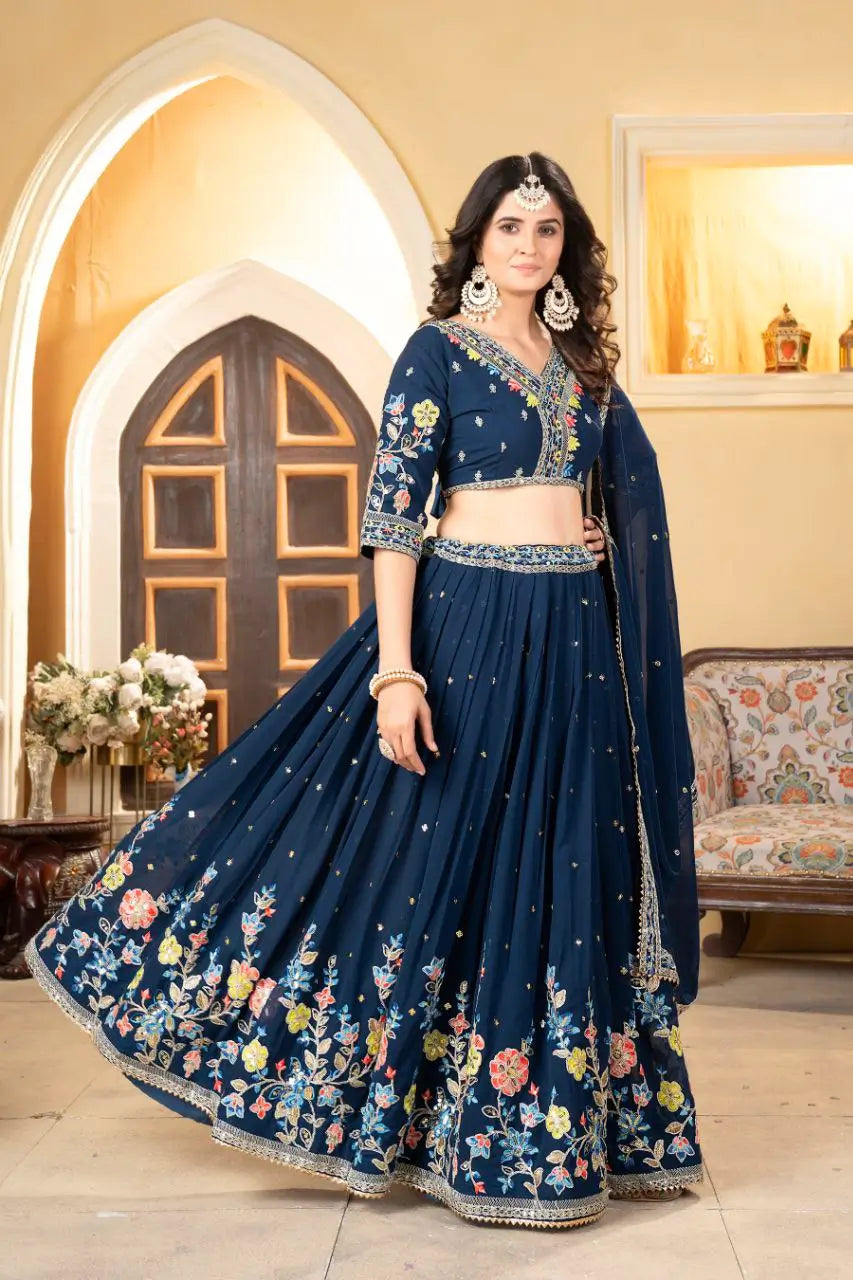 Nile Blue Georgette Lehenga With Multi Color Thread Embroidery Coding And Sequins Work