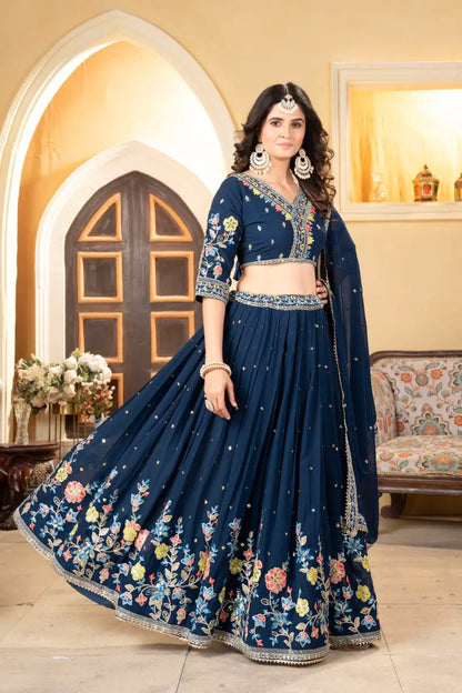 Nile Blue Georgette Lehenga With Multi Color Thread Embroidery Coding And Sequins Work