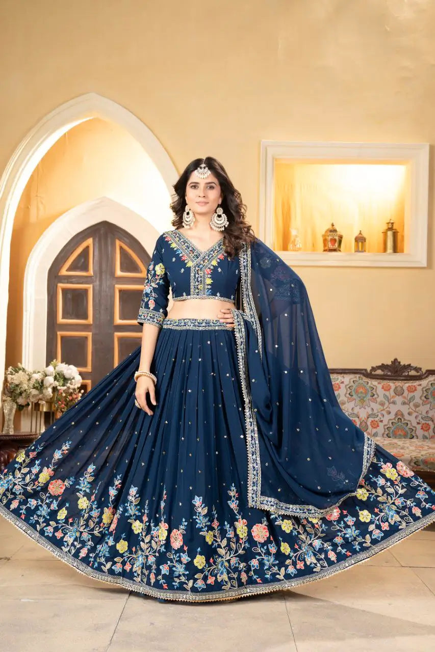 Nile Blue Georgette Lehenga With Multi Color Thread Embroidery Coding And Sequins Work