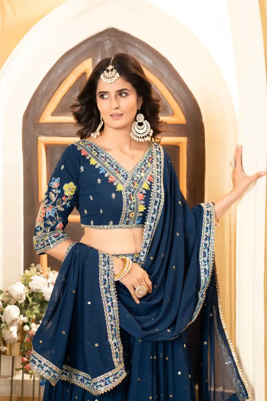 Nile Blue Georgette Lehenga With Multi Color Thread Embroidery Coding And Sequins Work