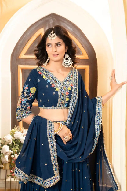 Nile Blue Georgette Lehenga With Multi Color Thread Embroidery Coding And Sequins Work