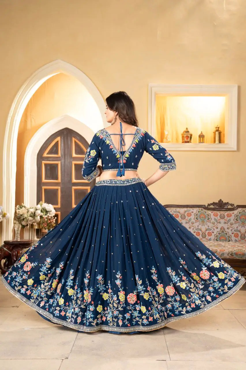 Nile Blue Georgette Lehenga With Multi Color Thread Embroidery Coding And Sequins Work
