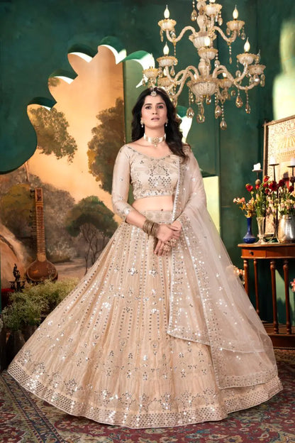 Beige Satin Lehenga With Embroidery Coding And Heavy Sequins Work