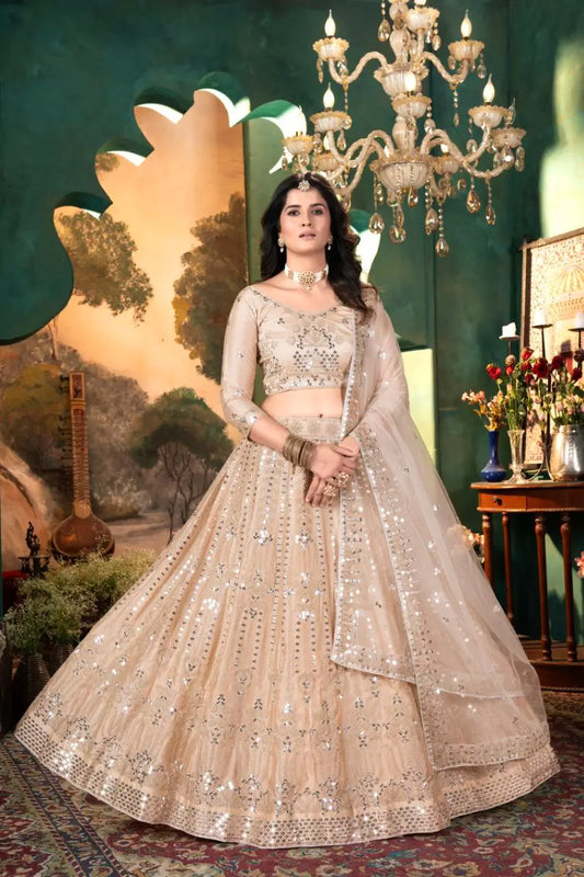 Beige Satin Lehenga With Embroidery Coding And Heavy Sequins Work
