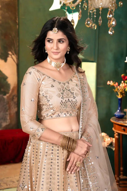 Beige Satin Lehenga With Embroidery Coding And Heavy Sequins Work