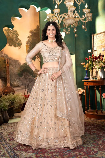 Beige Satin Lehenga With Embroidery Coding And Heavy Sequins Work