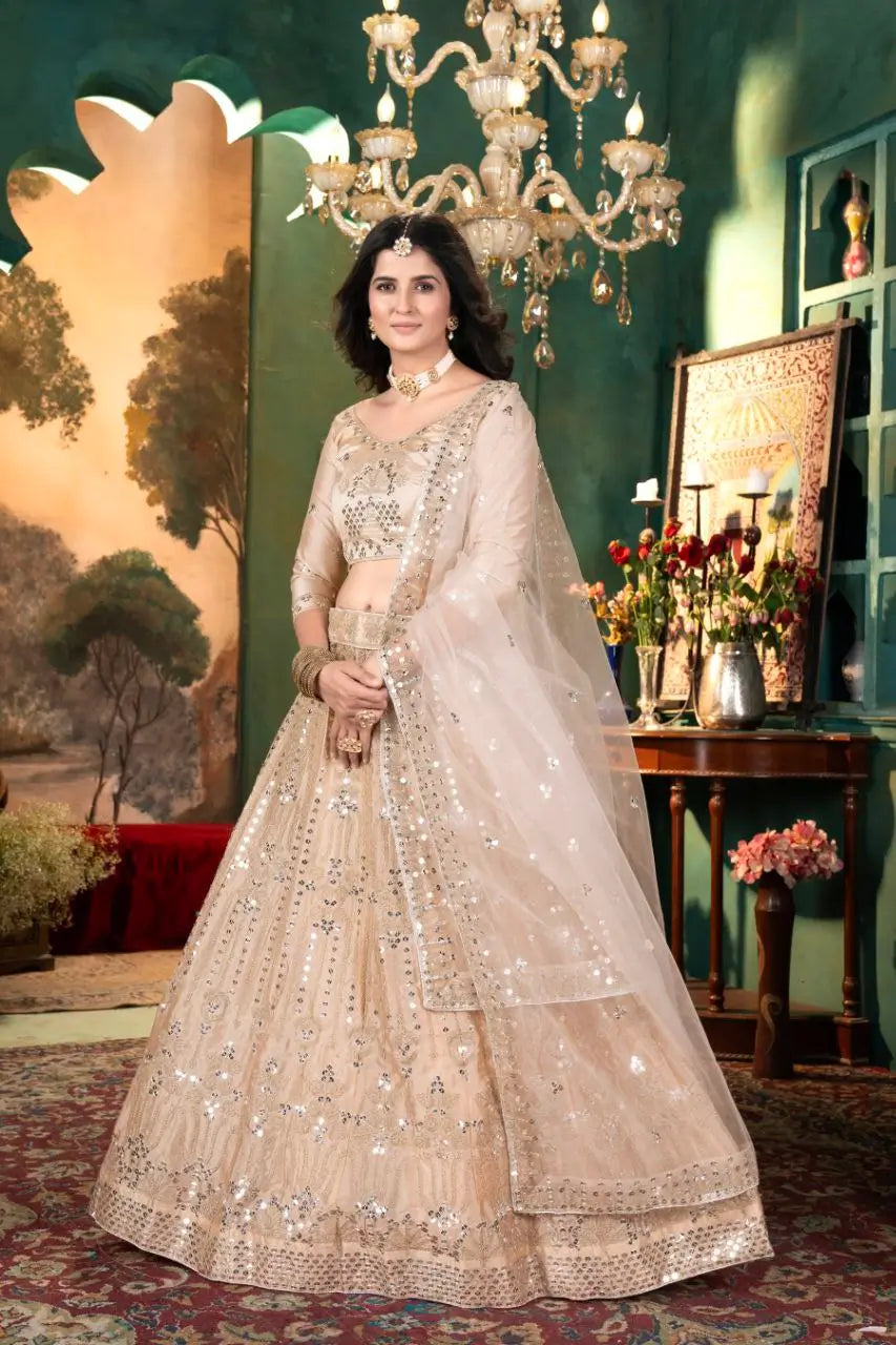 Beige Satin Lehenga With Embroidery Coding And Heavy Sequins Work