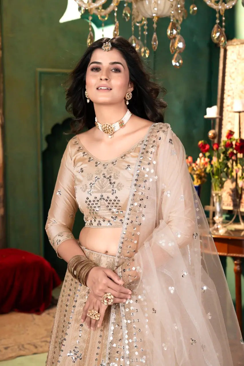 Beige Satin Lehenga With Embroidery Coding And Heavy Sequins Work