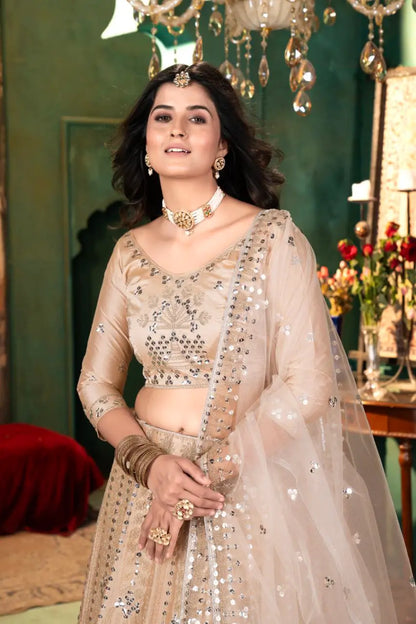 Beige Satin Lehenga With Embroidery Coding And Heavy Sequins Work