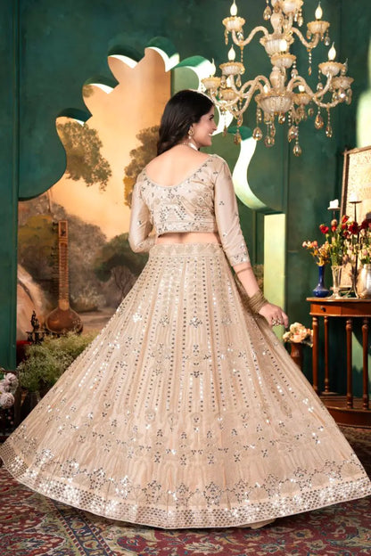 Beige Satin Lehenga With Embroidery Coding And Heavy Sequins Work