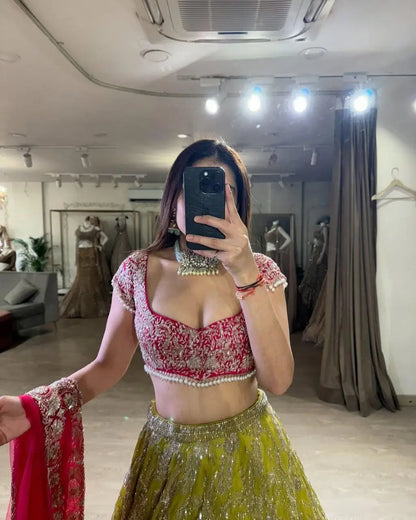 Pea Green Georgette Lehenga With Shimmer Dori And Sequins Work