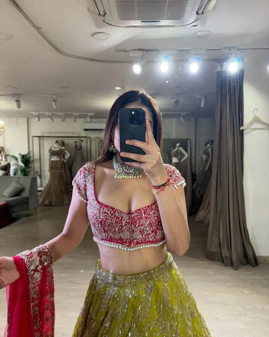 Pea Green Georgette Lehenga With Shimmer Dori And Sequins Work