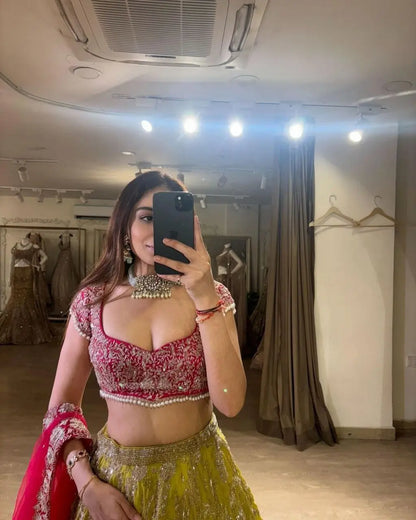 Pea Green Georgette Lehenga With Shimmer Dori And Sequins Work