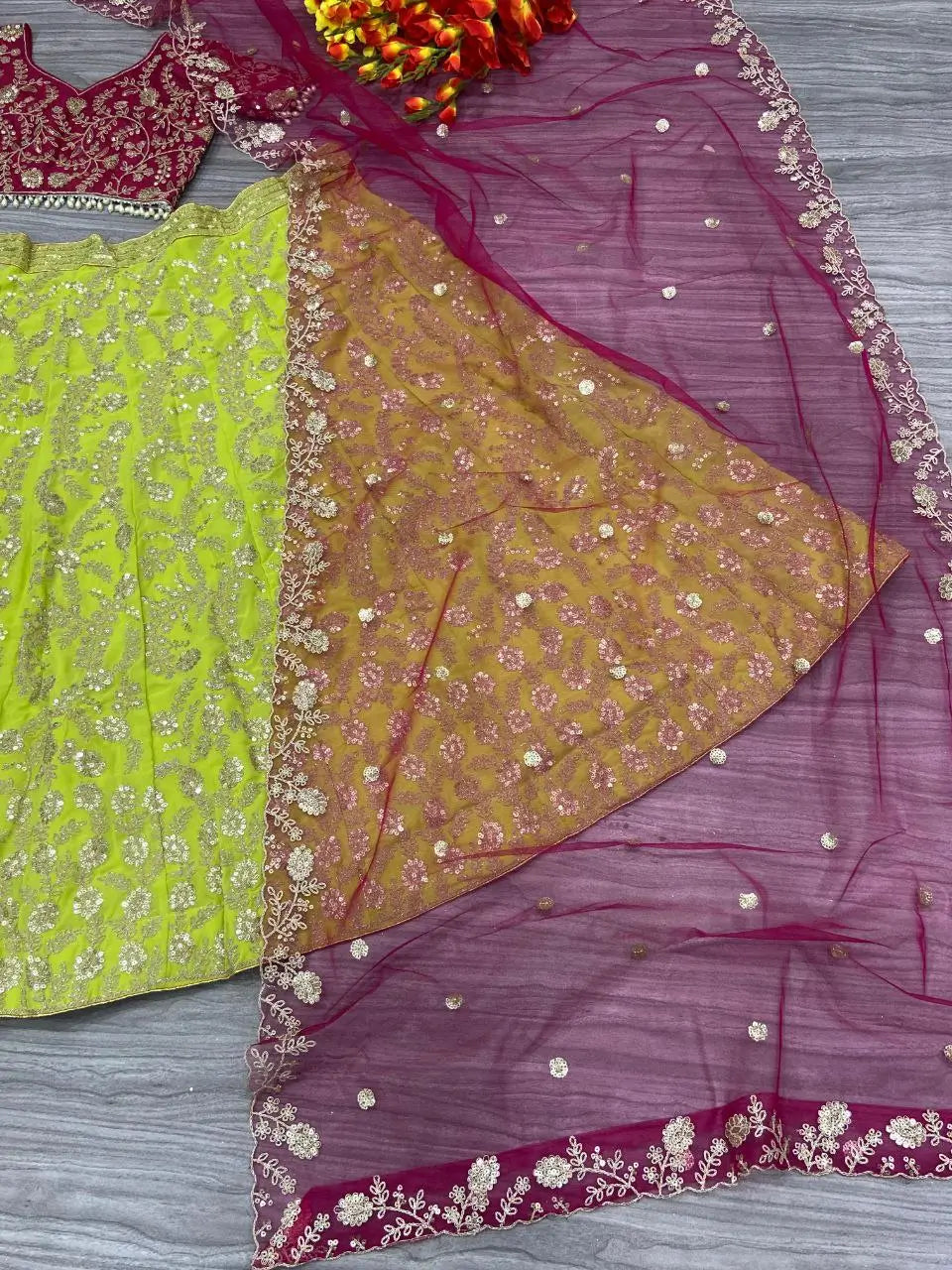 Pea Green Georgette Lehenga With Shimmer Dori And Sequins Work