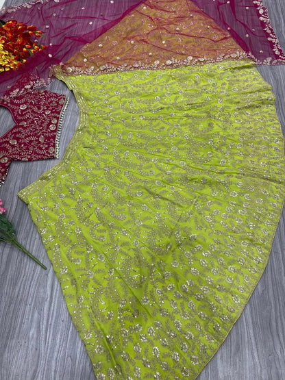 Pea Green Georgette Lehenga With Shimmer Dori And Sequins Work