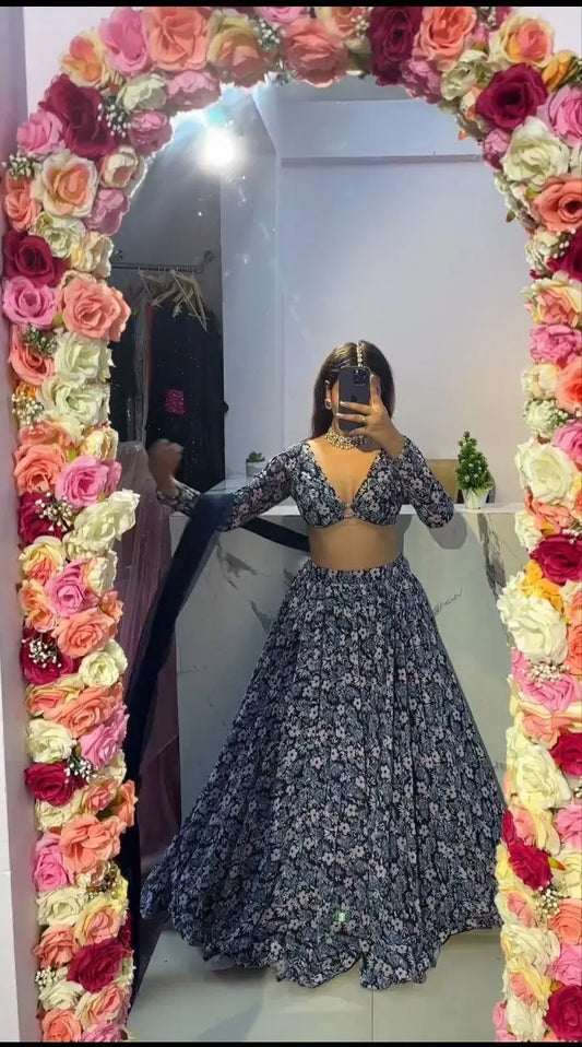 Navy Blue Chinon Silk Lehenga With Floral Digital Print And Dupatta