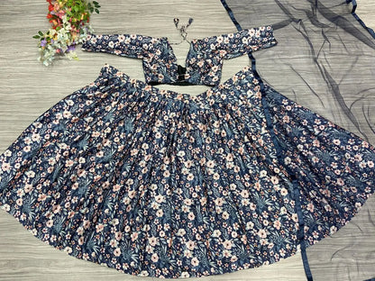 Navy Blue Chinon Silk Lehenga With Floral Digital Print And Dupatta