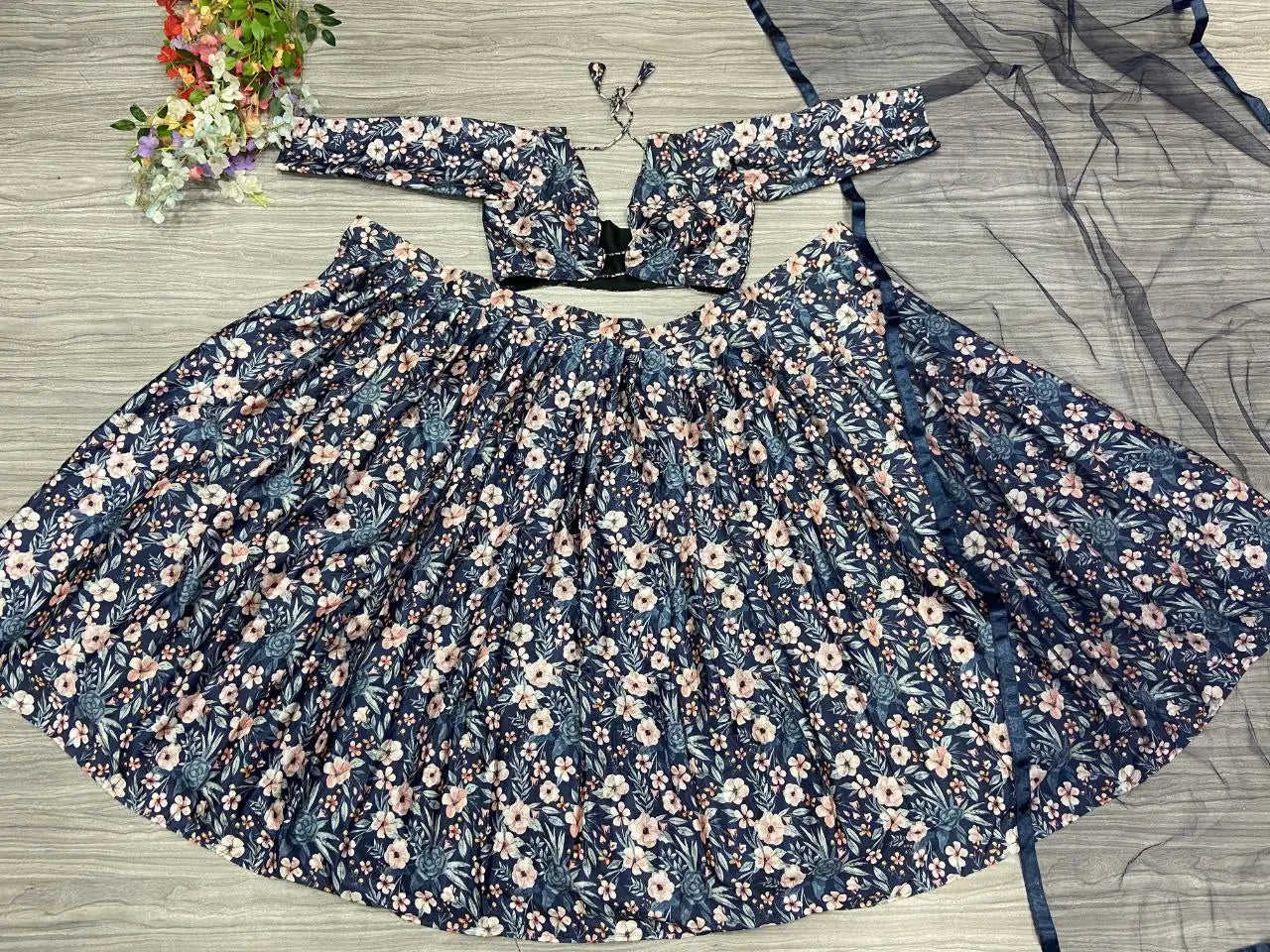 Navy Blue Chinon Silk Lehenga With Floral Digital Print And Dupatta