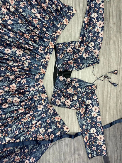 Navy Blue Chinon Silk Lehenga With Floral Digital Print And Dupatta