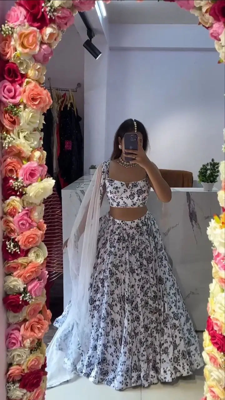 White And Black Chinon Silk Lehenga With Floral Digital Print