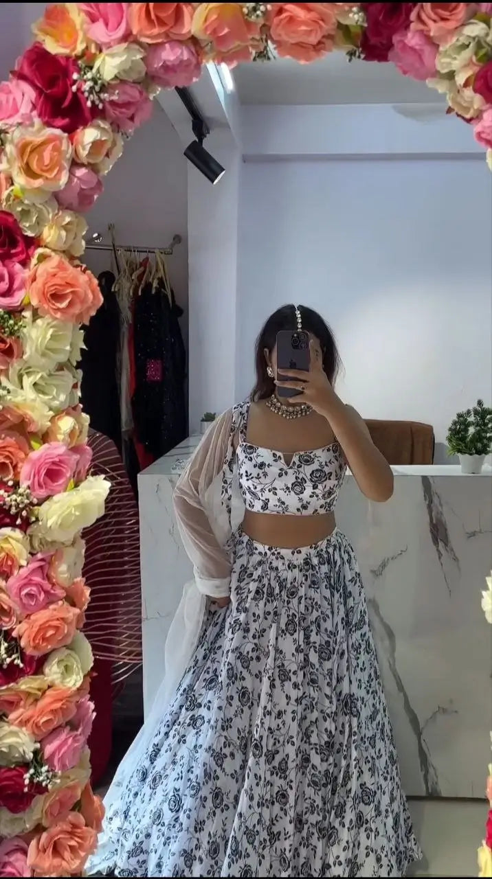 White And Black Chinon Silk Lehenga With Floral Digital Print