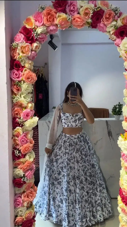 White And Black Chinon Silk Lehenga With Floral Digital Print