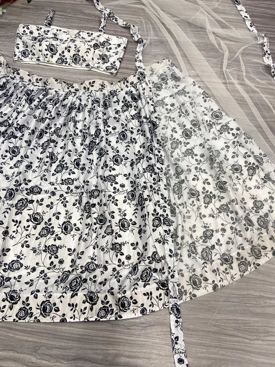 White And Black Chinon Silk Lehenga With Floral Digital Print