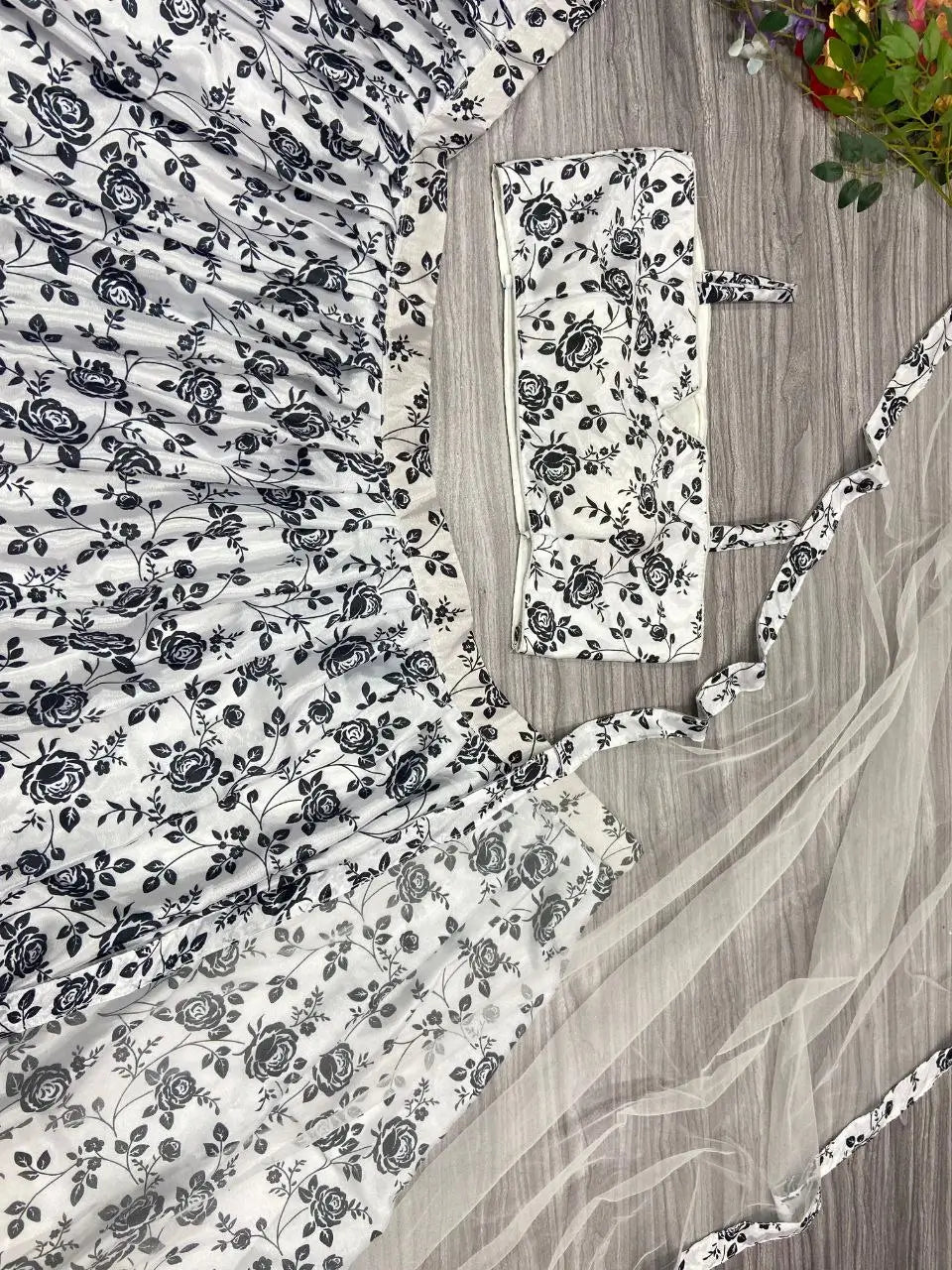 White And Black Chinon Silk Lehenga With Floral Digital Print