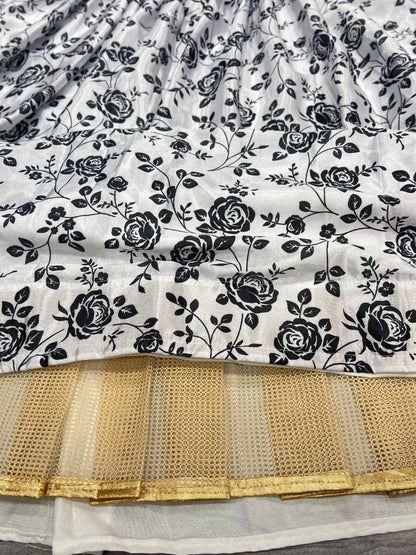 White And Black Chinon Silk Lehenga With Floral Digital Print