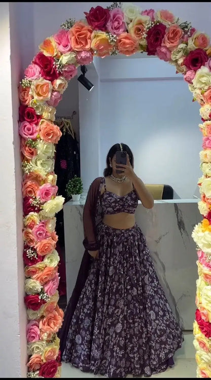 Purple Wine Chinon Silk Lehenga With Floral Digital Print And Dupatta